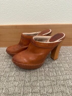 Frye Cognac Leather High Heel Clog Mules